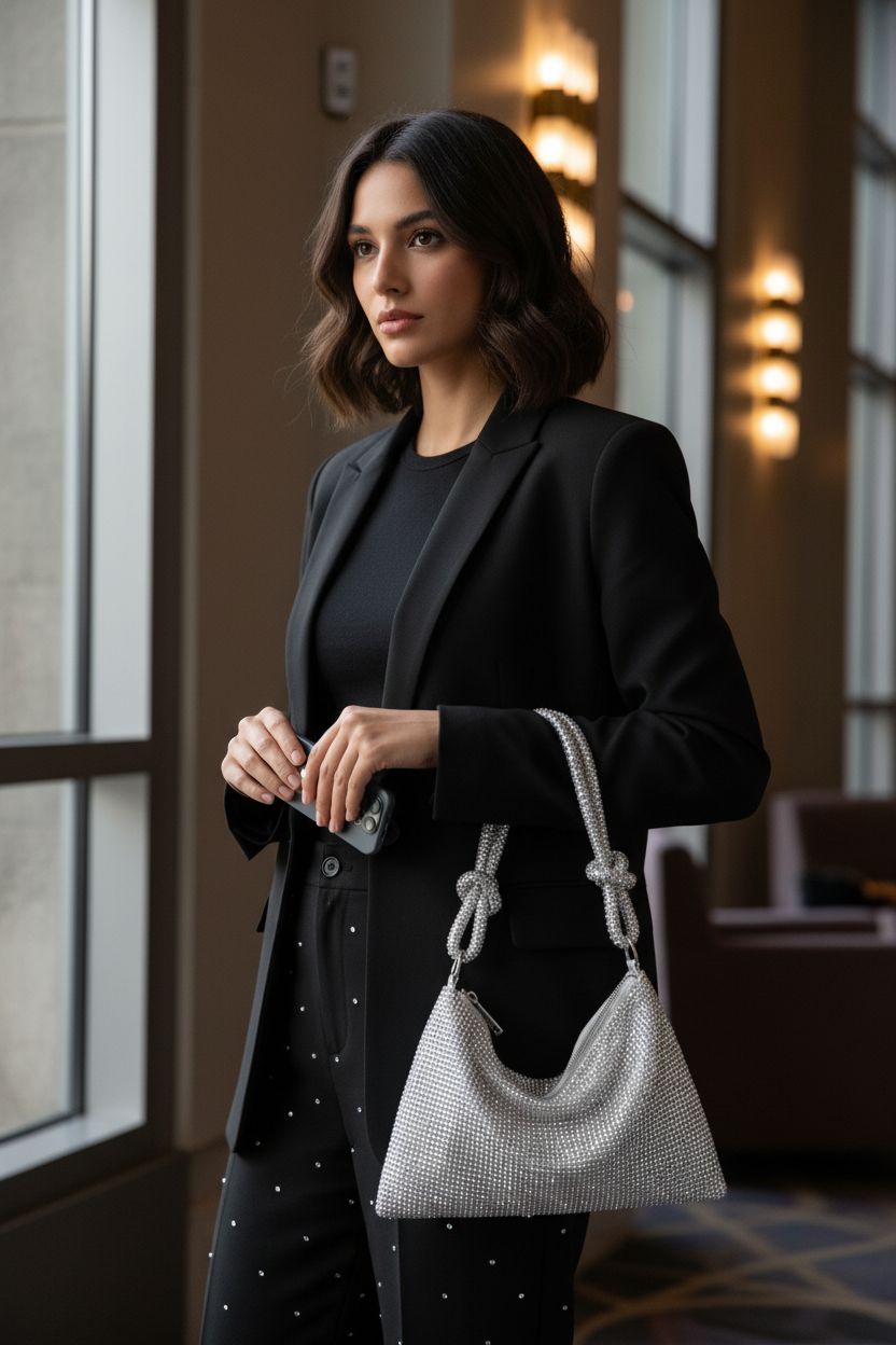 YUWITA silver bag highlights a chic black blazer and trousers in a theater lobby.