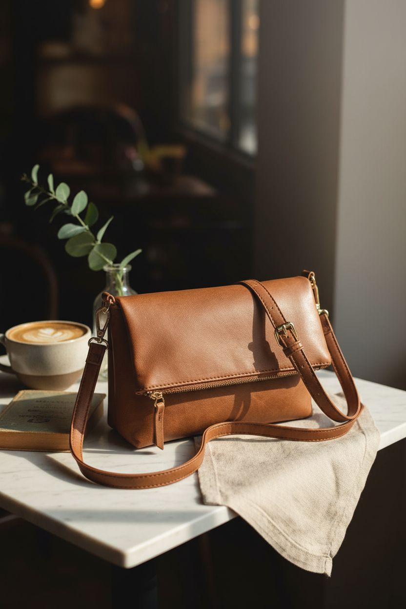 Cozy café setting with Gladdon small brown crossbody bag, showcasing its stylish design and functionality.