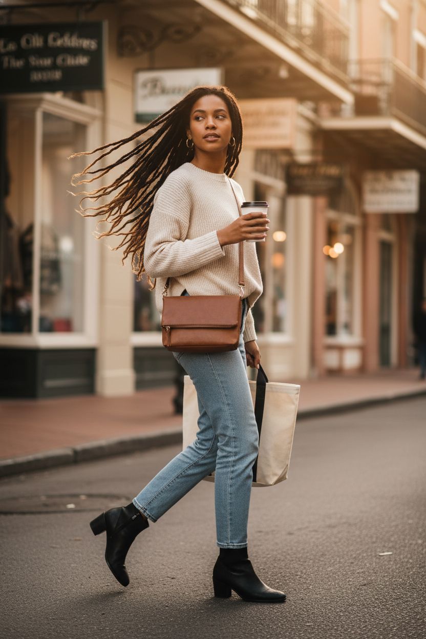 Gladdon brown small crossbody bag worn comfortably while walking, ideal for hands-free convenience.