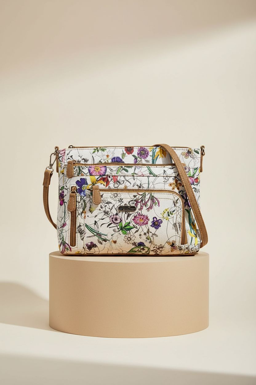 Close-up of MultiSac Summerville East West Crossbody Bag in Vienna/Hazelnut on display