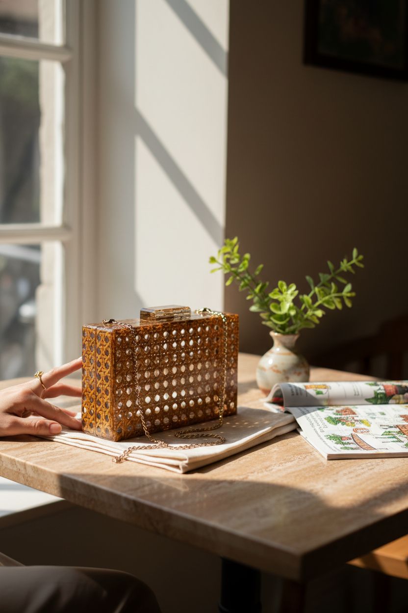 Gets acrylic handbag on a café table, surrounded by soft natural light, perfect for casual outings.