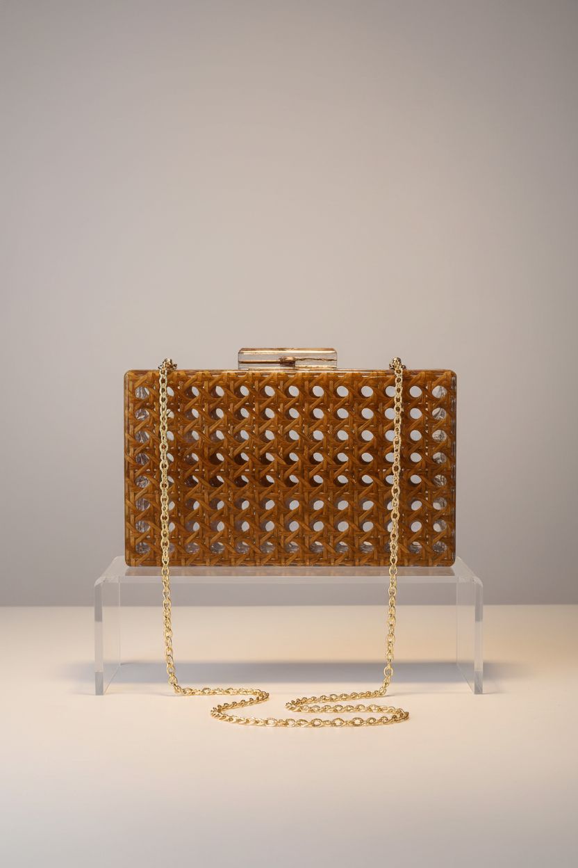 Product shot of Gets acrylic square clutch bag, highlighting its design and elegant features.