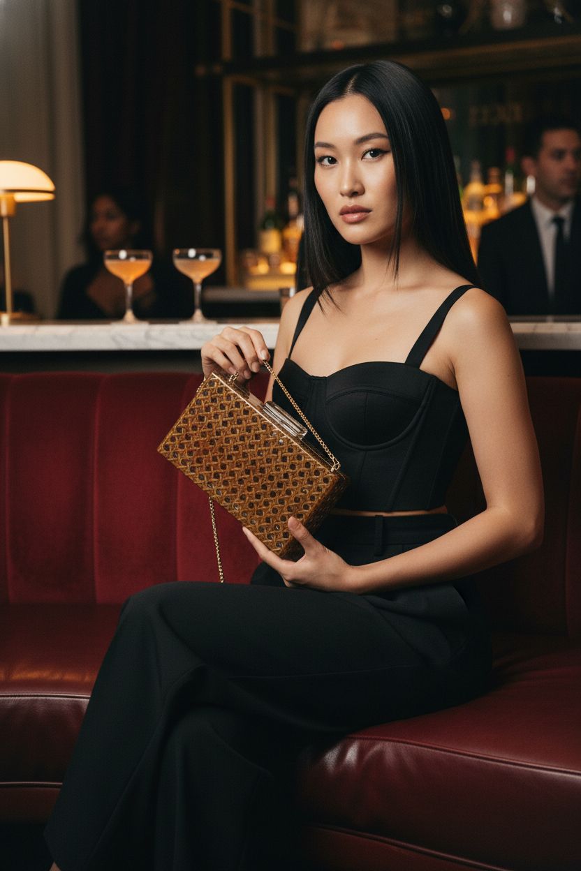 Chic Gets acrylic clutch purse showcased in a hotel bar setting, ideal for stylish outings.