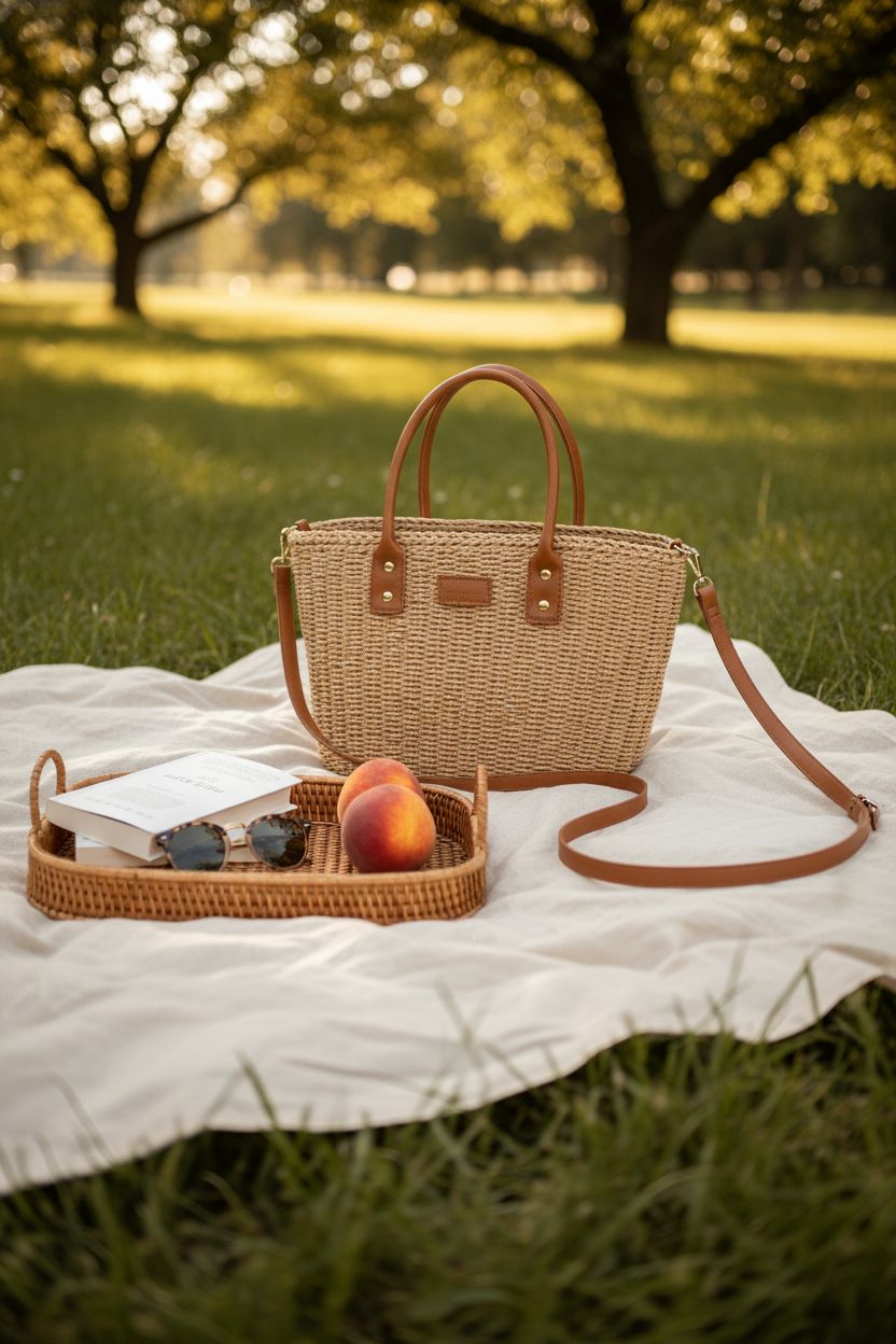 YXILEE straw purse on a picnic blanket, showcasing a relaxed summer vibe.