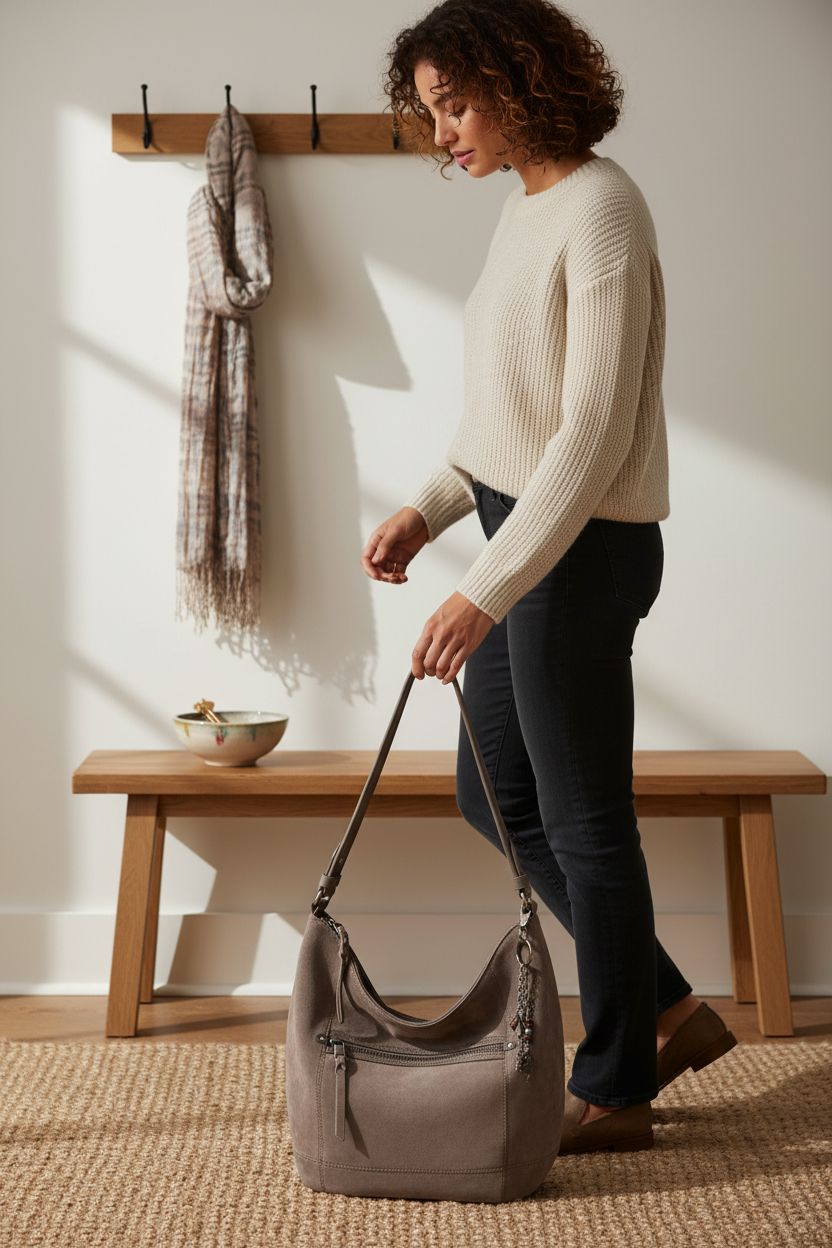 The Sak Sequoia Hobo Bag in mushroom suede placed on an oak bench in a bright entryway.