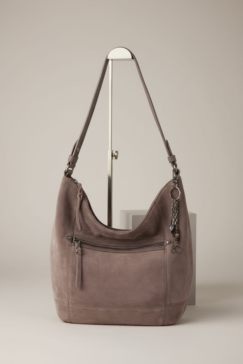 The Sak Sequoia Hobo Bag in mushroom suede displayed against a minimalist background.