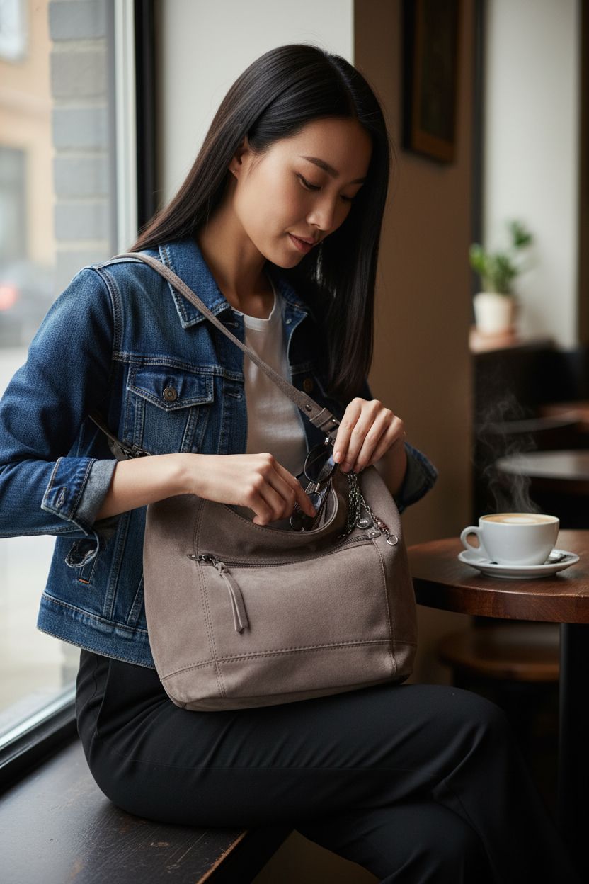 The Sak Sequoia Hobo Bag in mushroom suede resting on a lap in a cozy café setting.