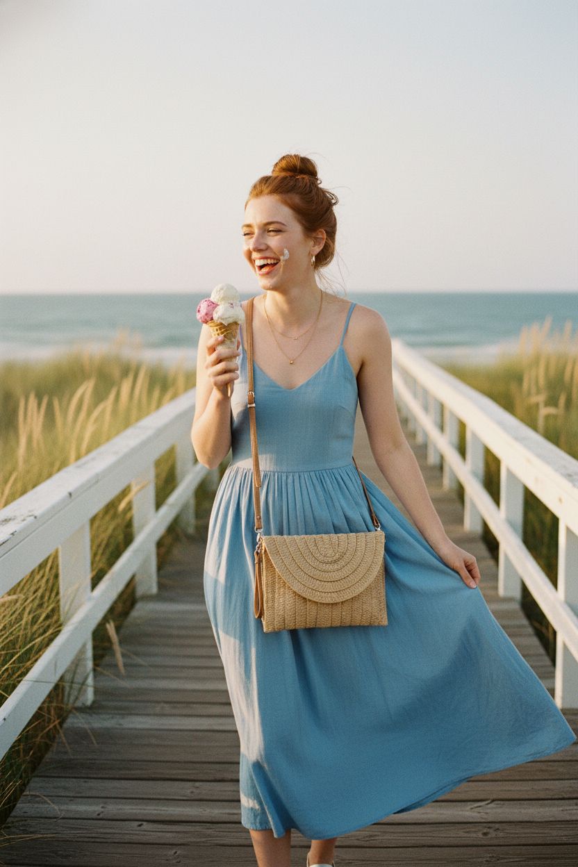 Light brown COOKOOKY straw crossbody bag glowing on a seaside boardwalk during golden hour.