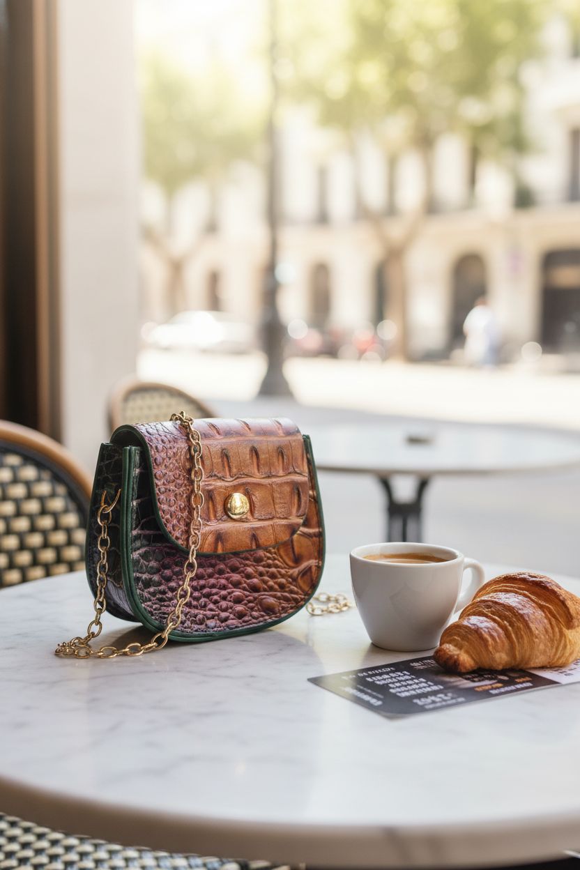Makcr Joacbv tiny purse on a marble table in a sunlit café, highlighting its stylish design