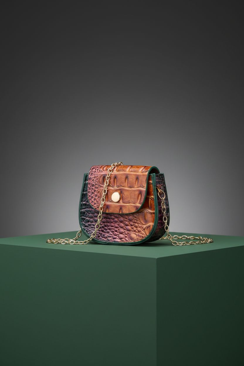 Makcr Joacbv tiny purse displayed on a minimalistic set, emphasizing its luxurious crocodile embossing