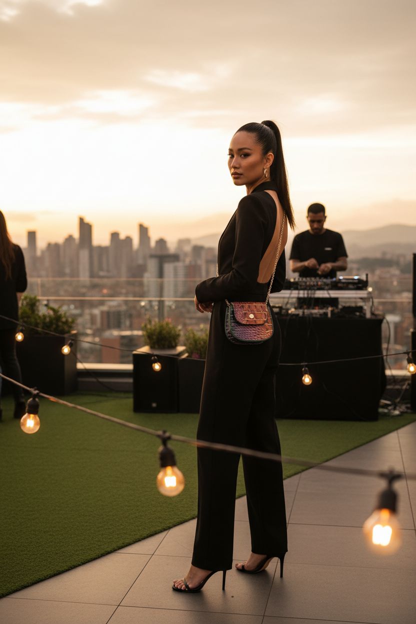 Makcr Joacbv tiny purse in amber/purple/green crocodile embossed leather, styled for an evening out