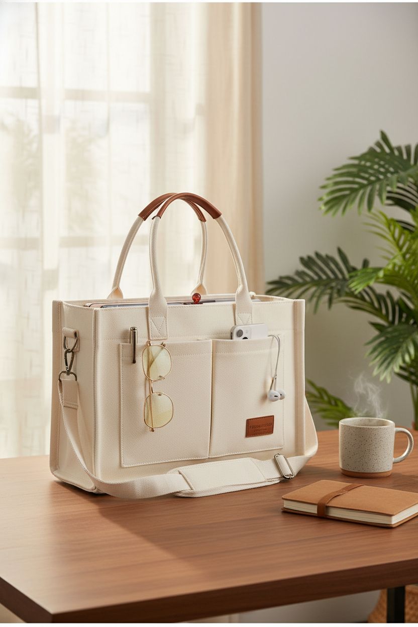 FIORETTO beige canvas tote bag on a walnut desk, highlighting its pockets and elegant design.