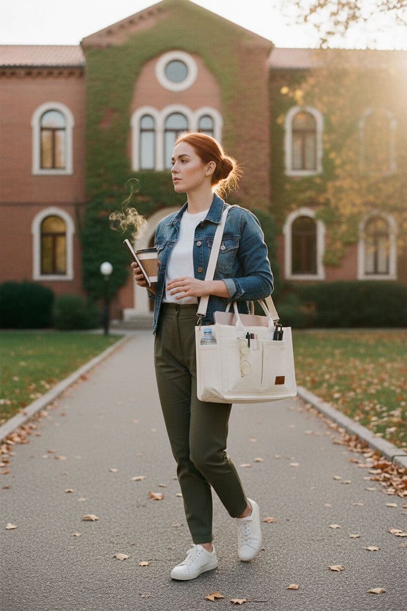 Beige FIORETTO canvas tote bag worn crossbody, showing compartments for laptop and water bottle.