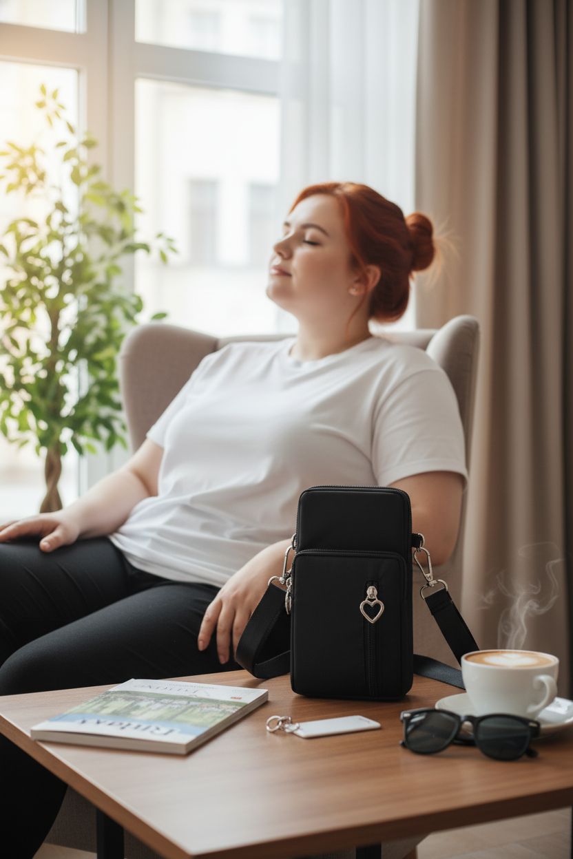 Cozy hotel lobby scene featuring JANKS purse on a side table with travel items.