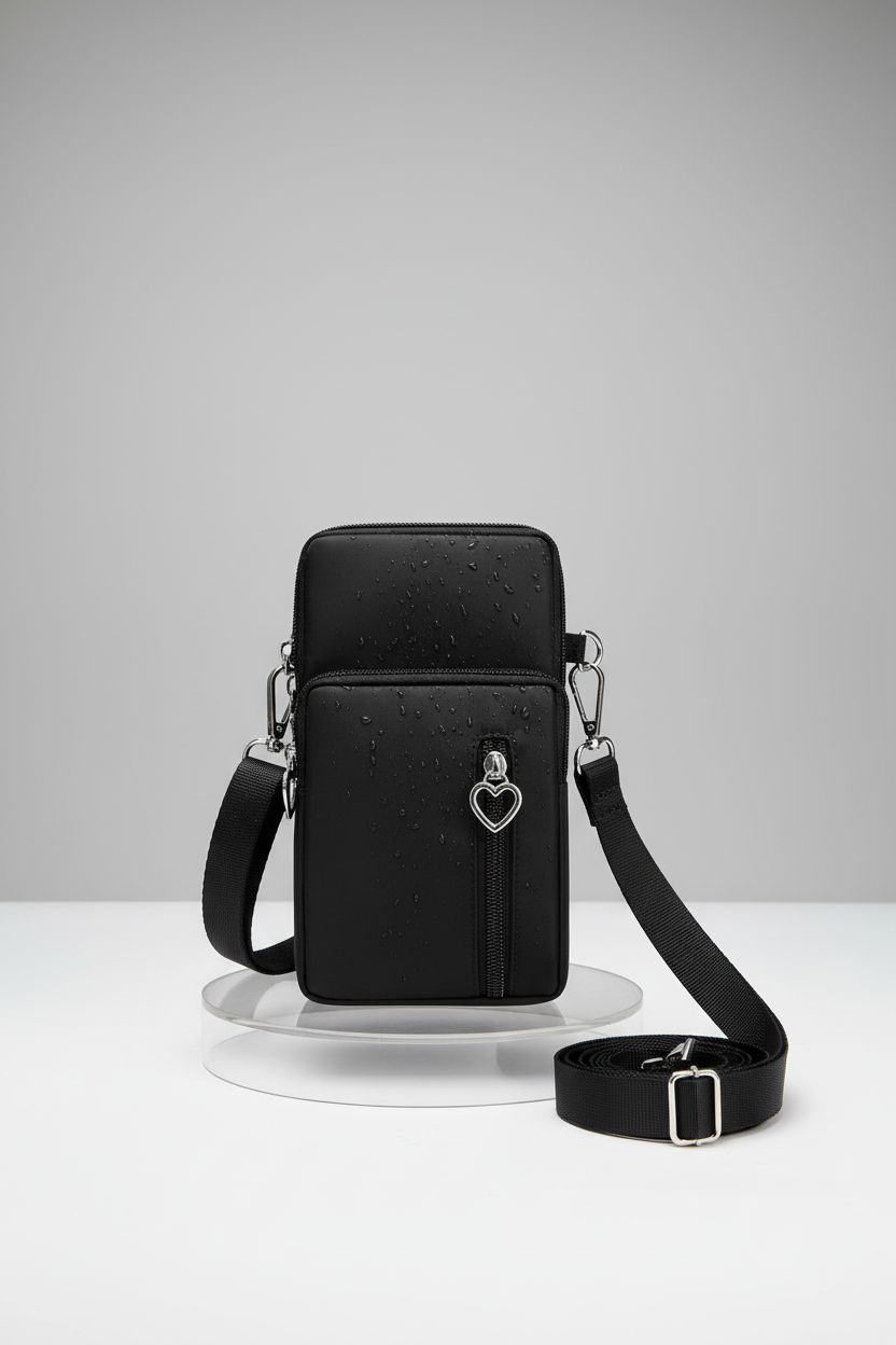 Close-up of JANKS mini crossbody bag showcasing its nylon material and compartments.