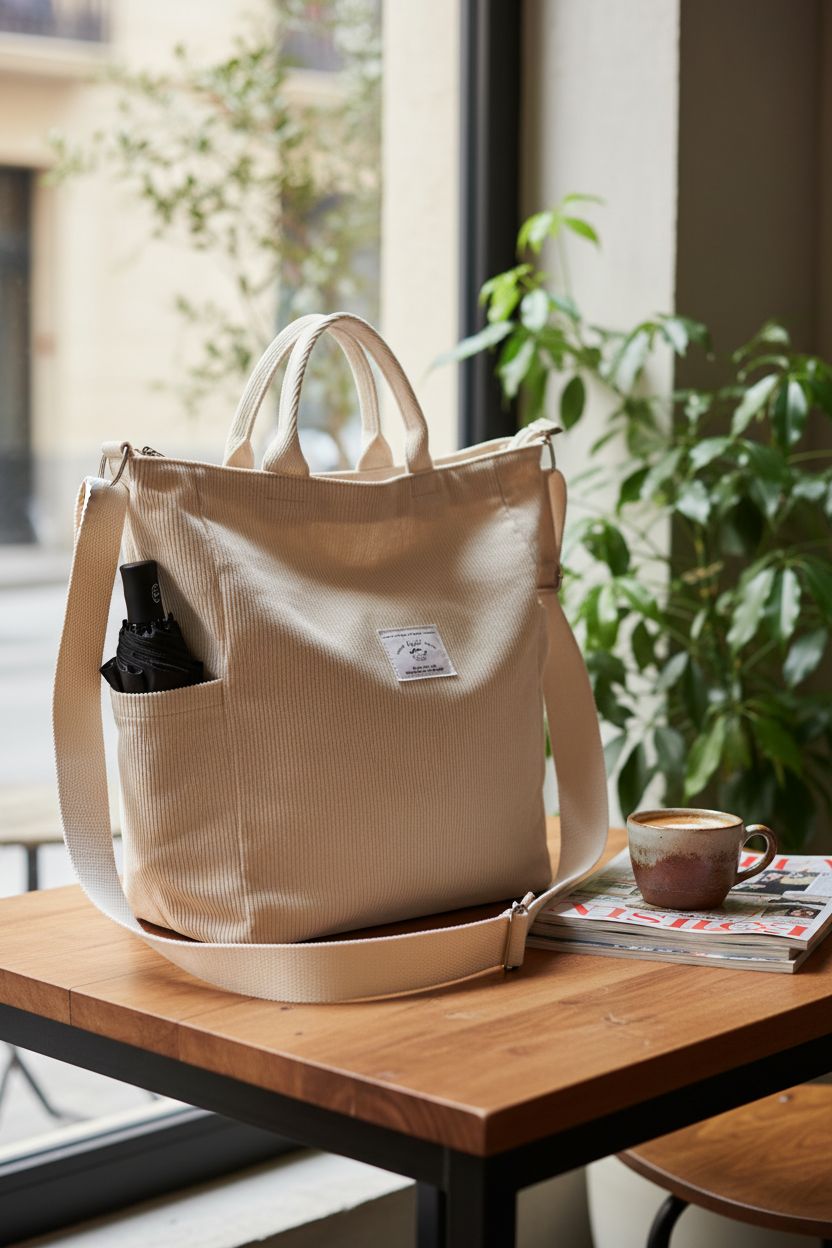 KALIDI beige corduroy tote bag resting in a sunlit café, highlighting its elegant design and texture.