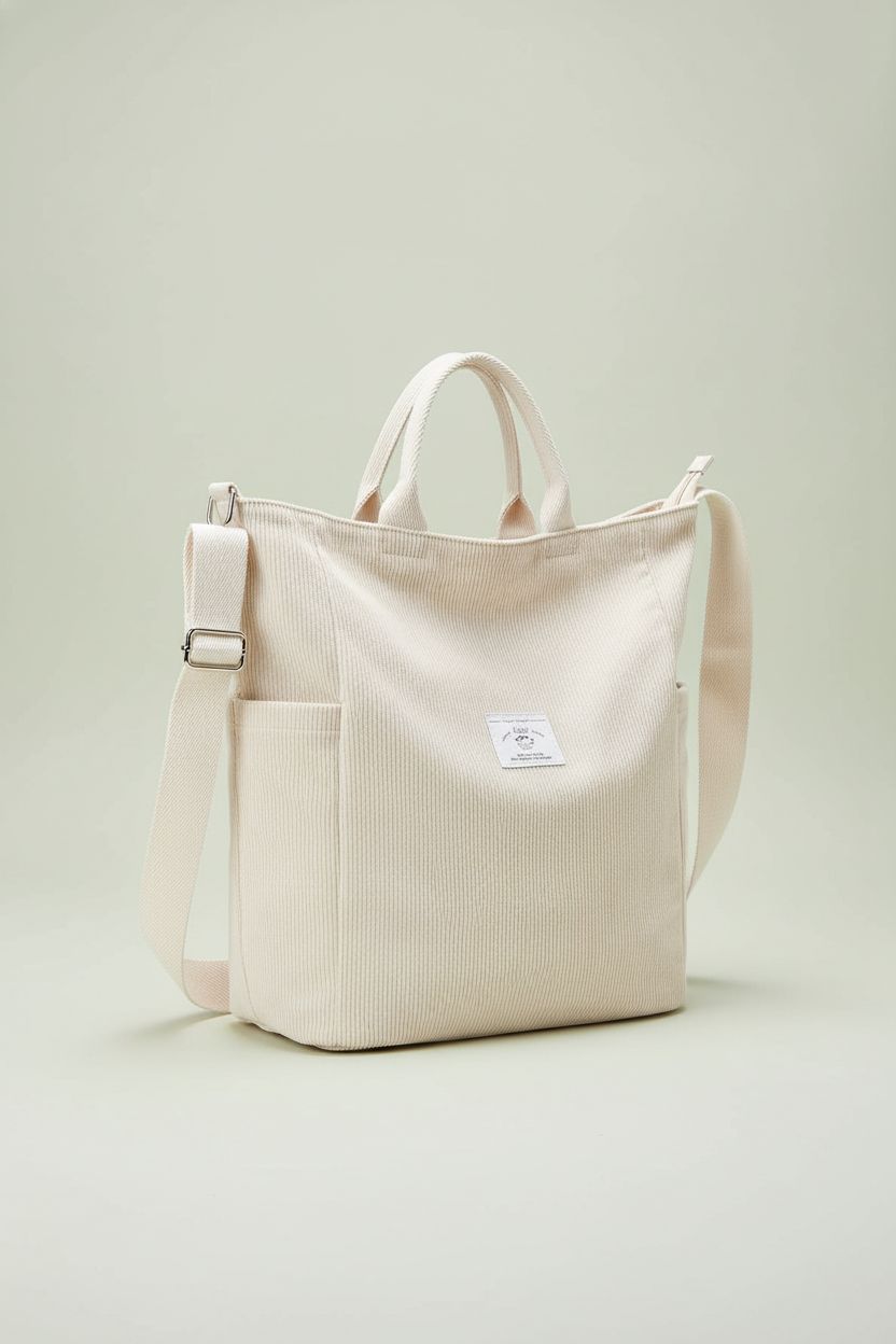 KALIDI beige corduroy tote bag on a pedestal, showcasing high-quality stitching and zipper features.
