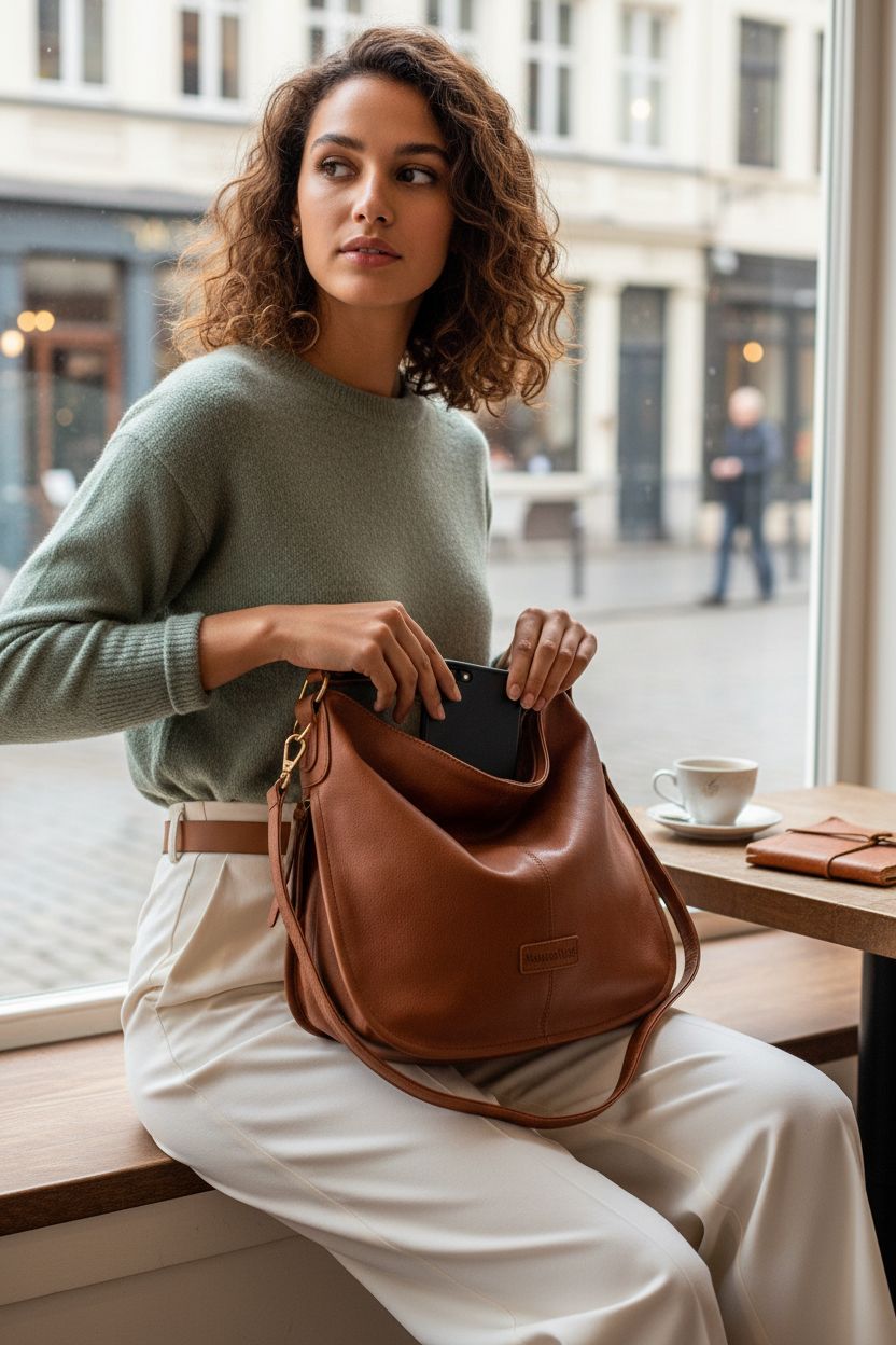 Montana West brown hobo purse with leather grain showcased in a café setting.