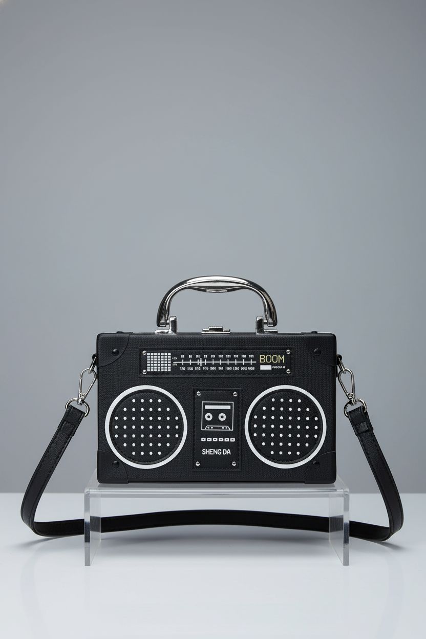 TAMMYFLYFLY unique radio-shaped crossbody bag displayed on a clean backdrop, highlighting its details.