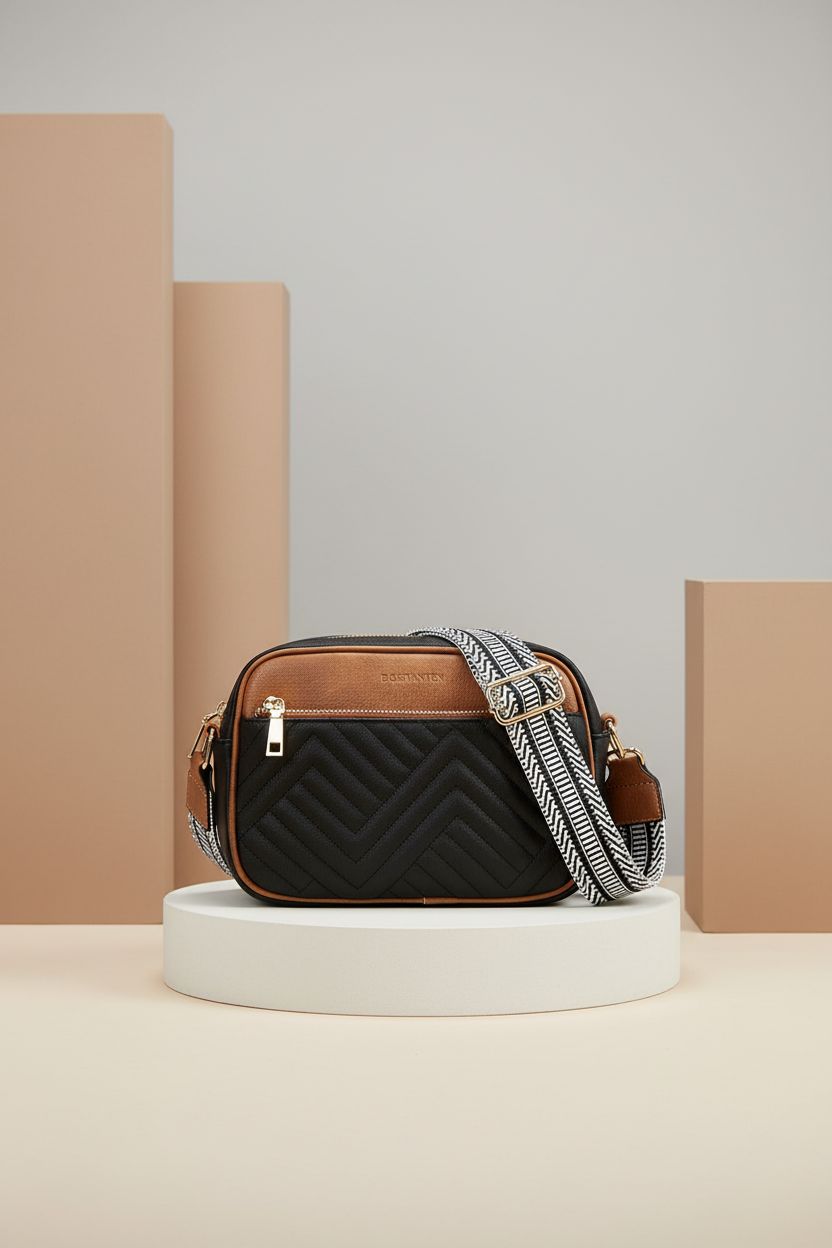 BOSTANTEN quilted vegan leather handbag displayed on a pedestal with detailed stitching.