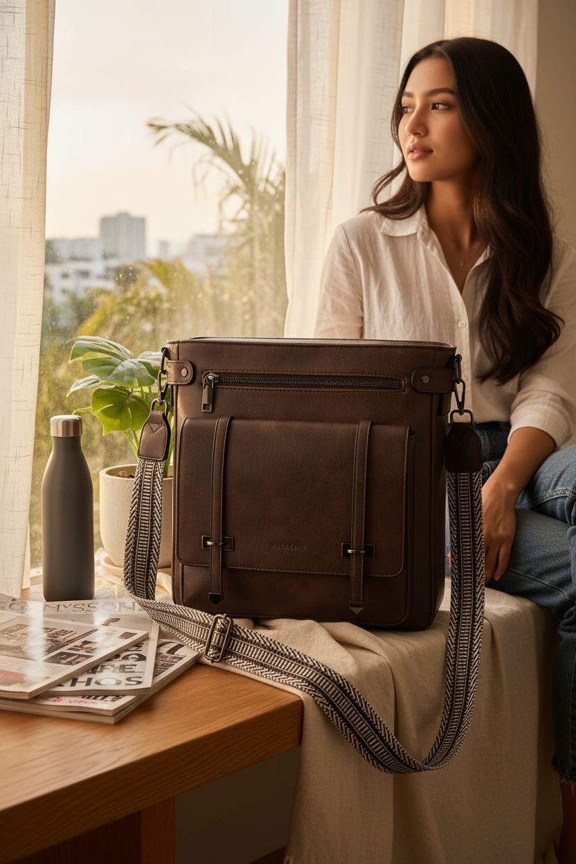 Roulens vegan purse resting on an oak bench, showcasing a cozy home setting.
