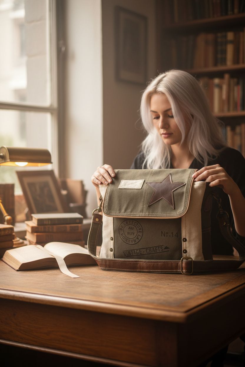 Vintage Crafts Leather Star Shoulder Bag on an antique desk, surrounded by books, showcasing its vintage charm.