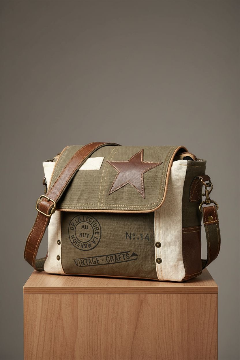 Close-up of Vintage Crafts Leather Star Shoulder Bag, highlighting leather grain and star details.