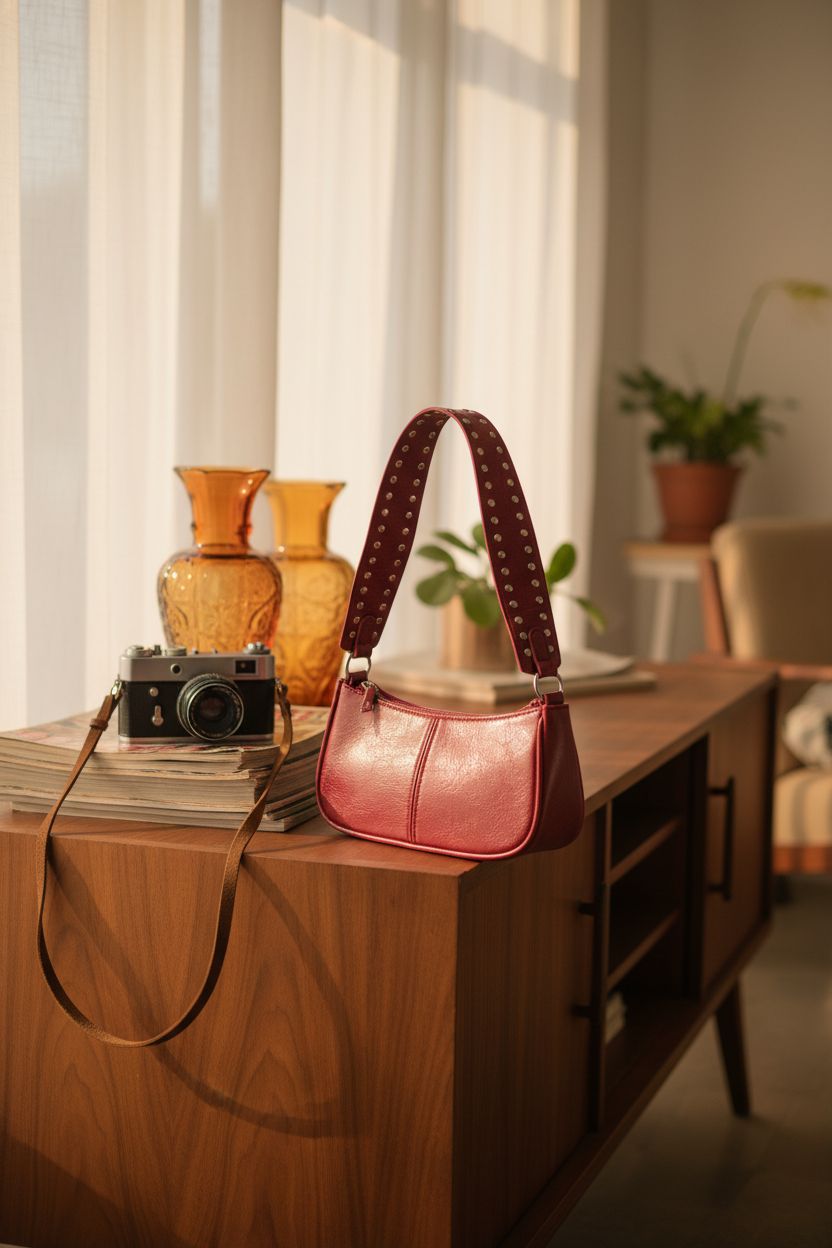 GETERUUV vintage handbag resting on a walnut credenza amid vintage decor.