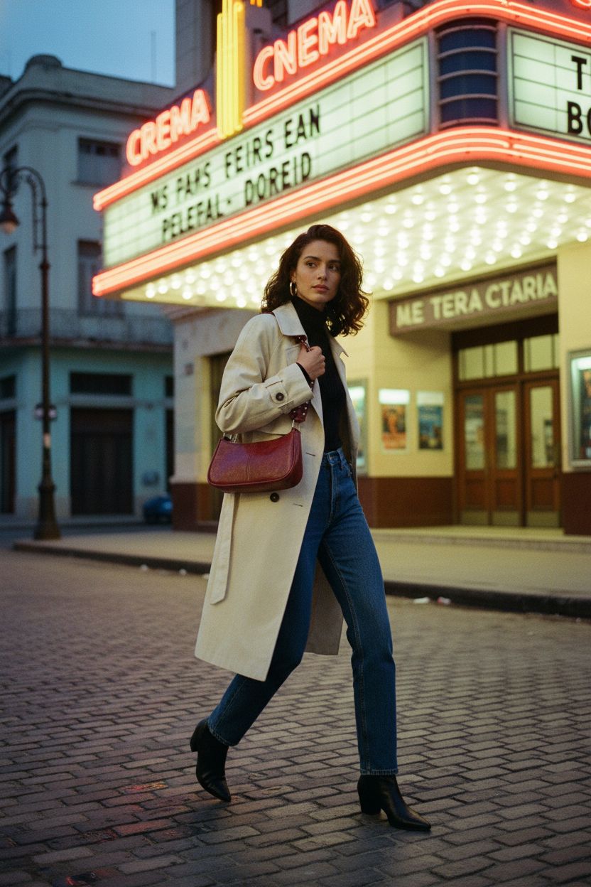 GETERUUV vintage Y2K studded shoulder bag in burgundy outside an Art Deco cinema.
