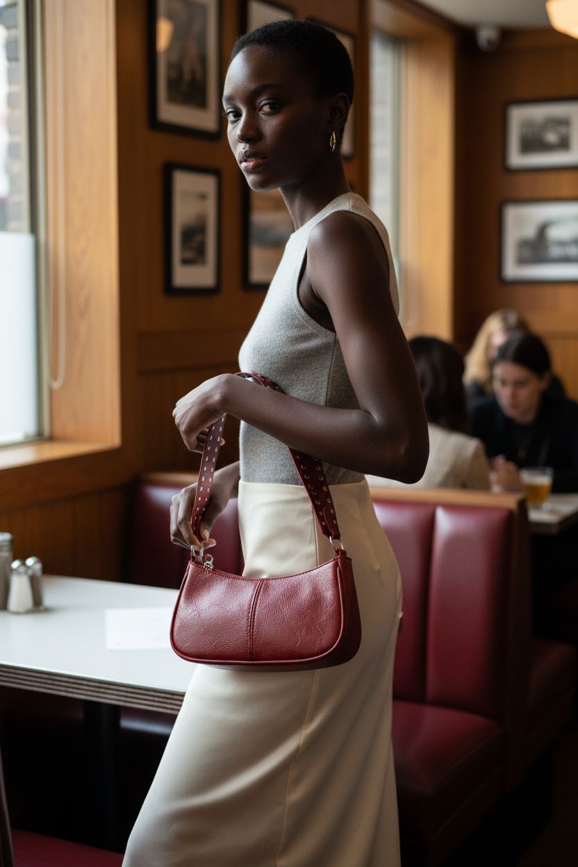Burgundy studded GETERUUV handbag showcased in a cozy retro café setting.
