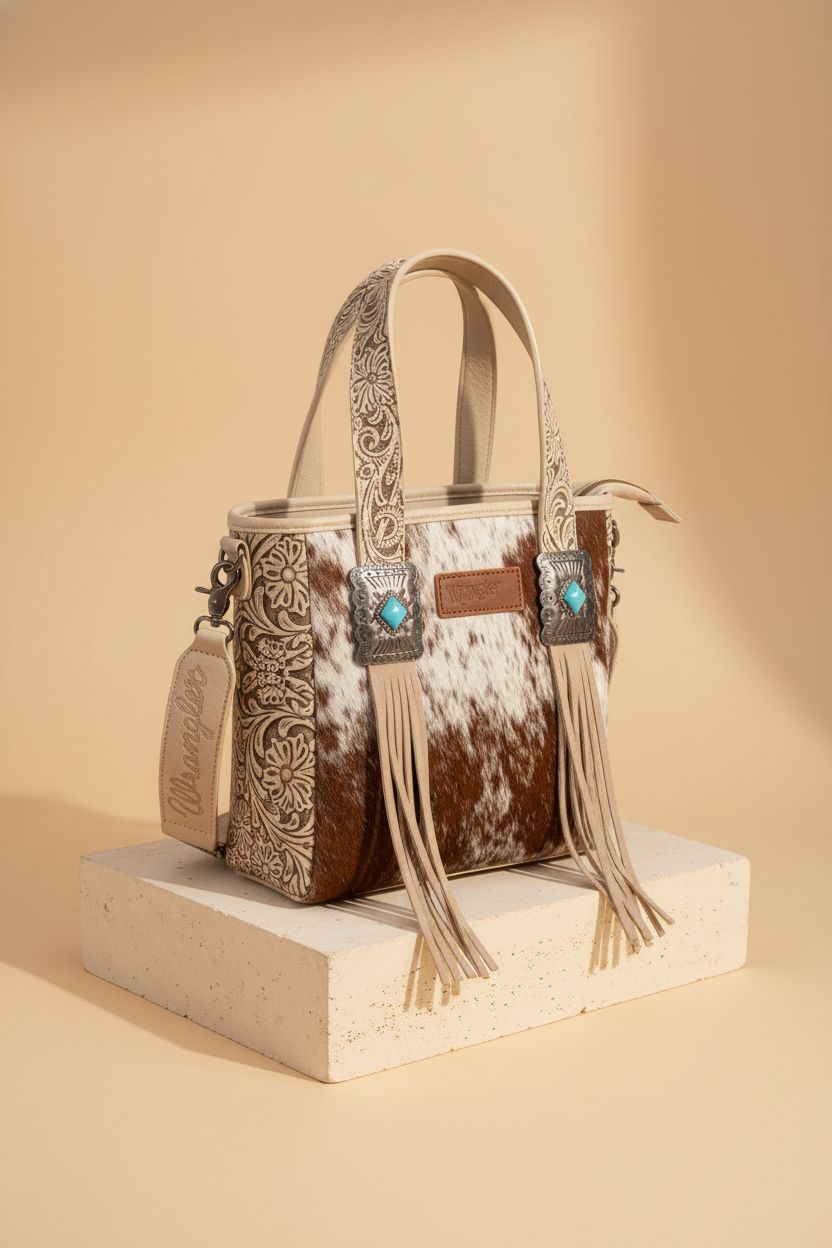 Montana West Wrangler purse on a seamless background, highlighting its zipper, tooling, and leather details.