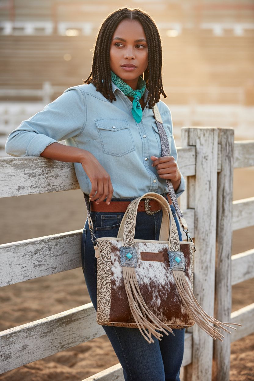 Montana West western handbag resting on a fence at a rodeo, highlighting turquoise conchos and leather fringe.