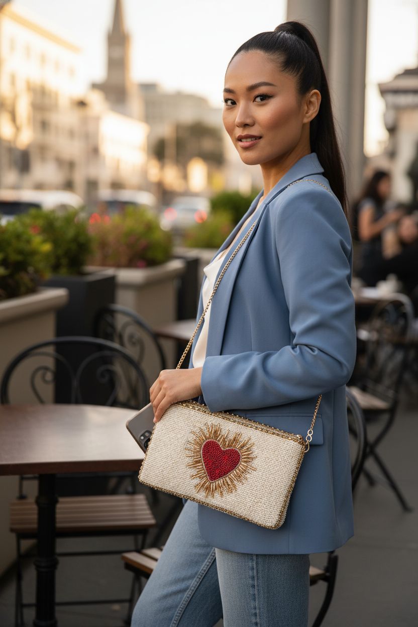 Mary Frances Heart Burst beaded crossbody bag shown on a chic café table, showcasing its vibrant colors and phone fit.