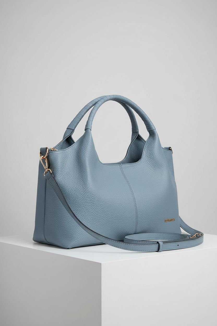 BOSTANTEN blue handbag showcased on a studio set, emphasizing its refined design and quality materials.