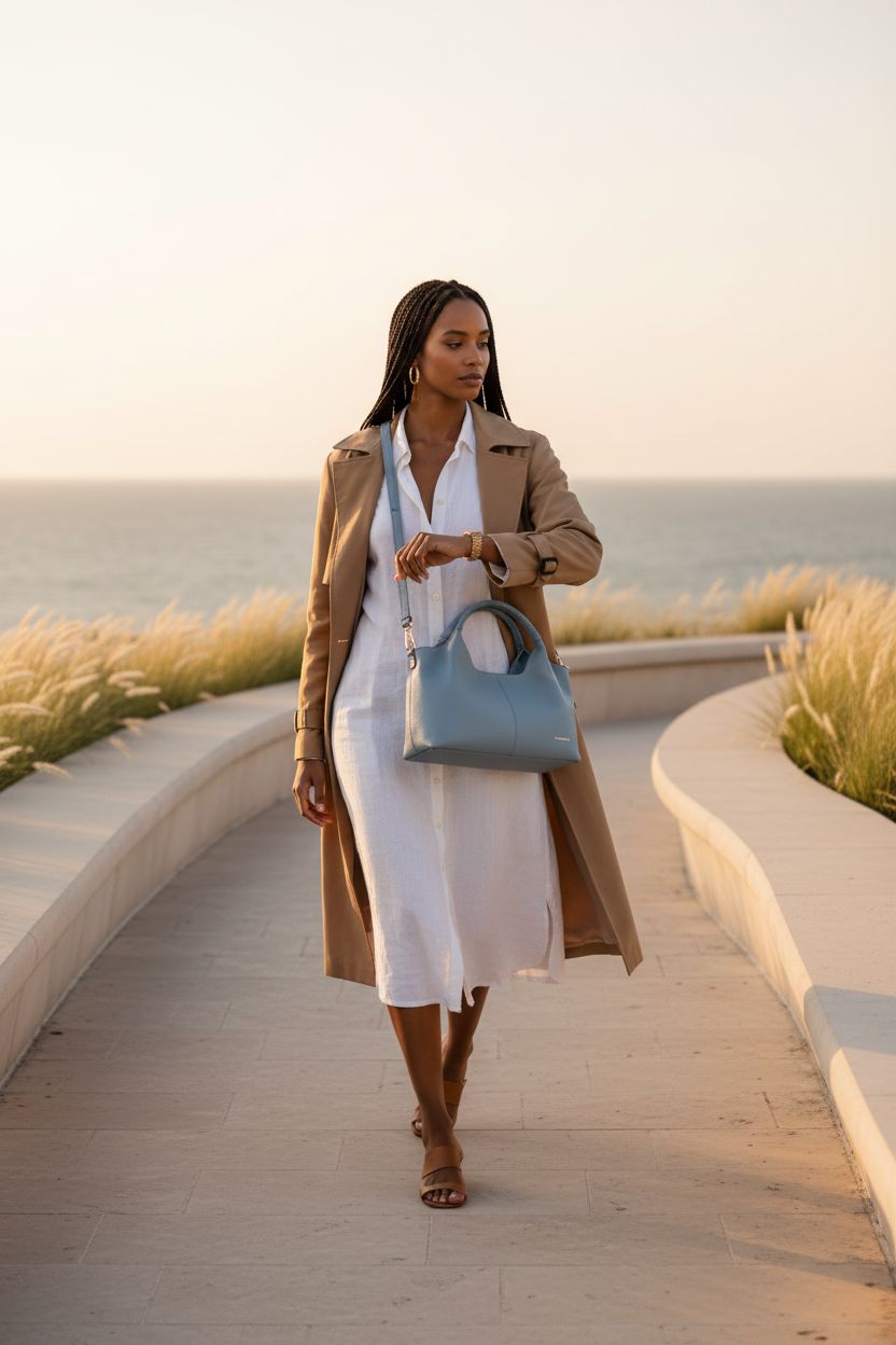 BOSTANTEN blue crossbody bag displayed on a seaside promenade, showcasing its stunning design.