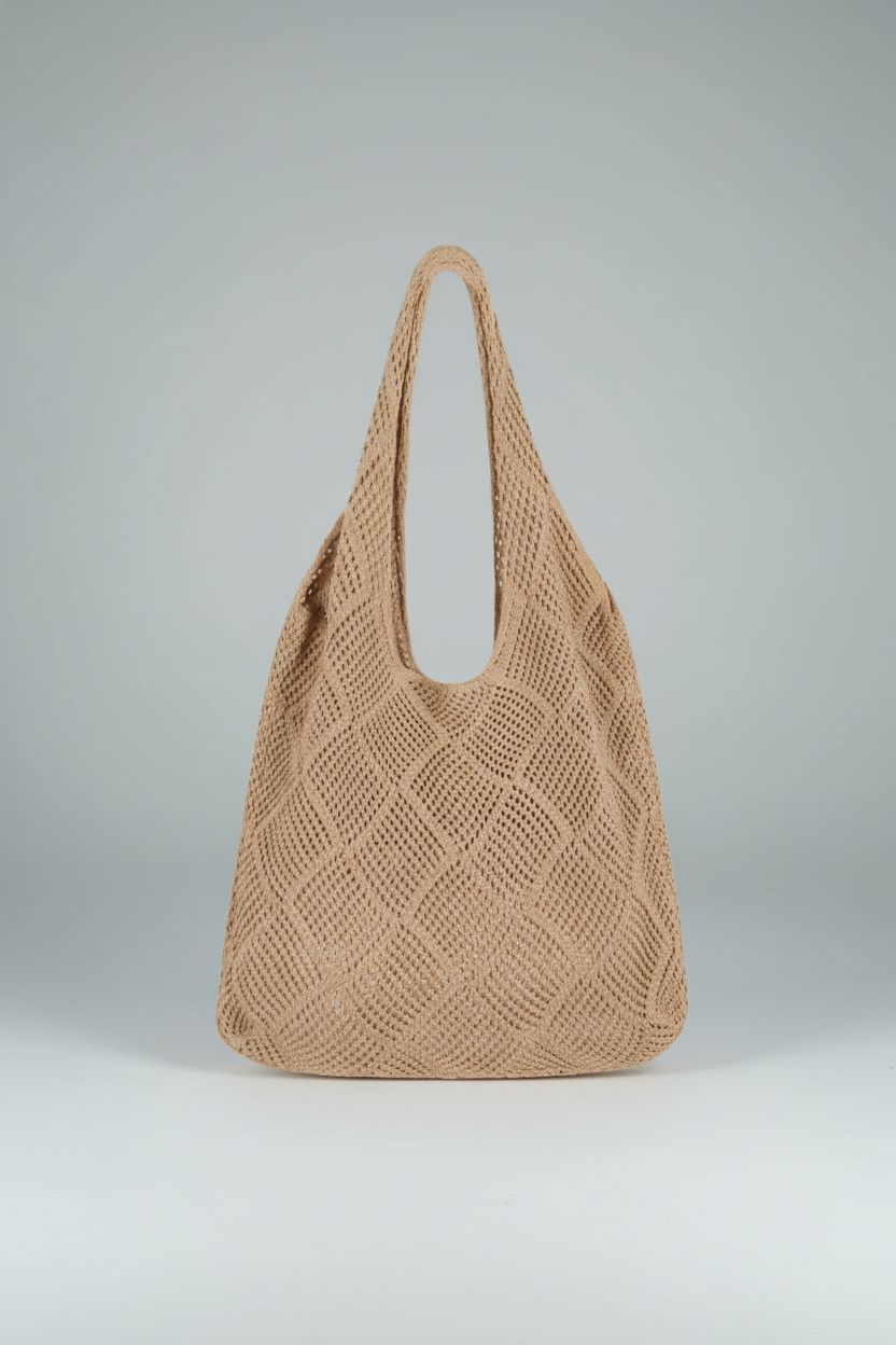 Sightor brown crochet tote bag displayed in a studio, emphasizing its knit pattern and soft drape.