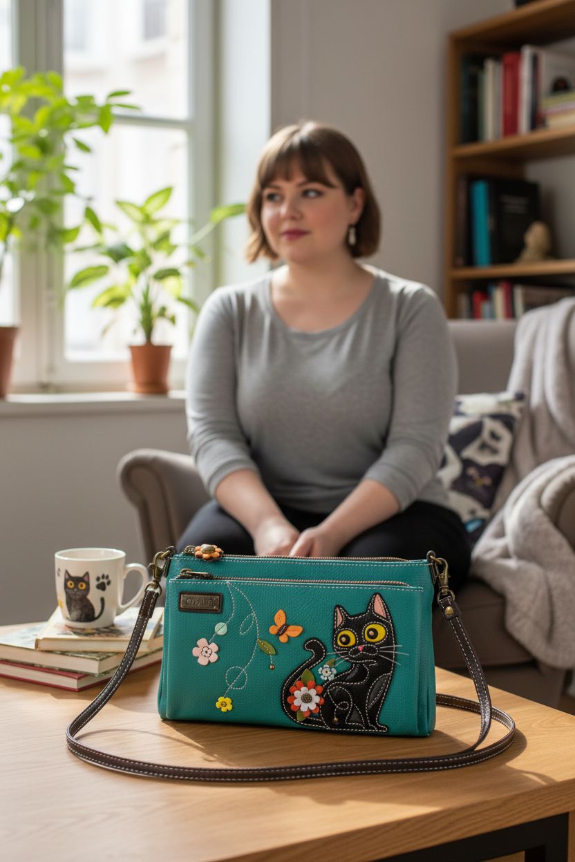 Cozy scene featuring CHALA vegan leather cat purse beside cat-themed books