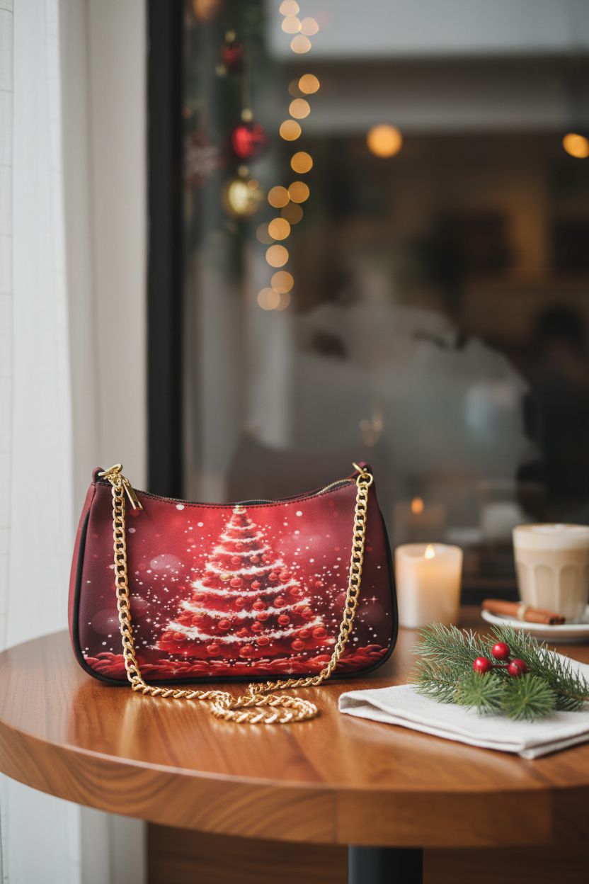 ALAZA red Christmas tree bag on a café table with festive decor, perfect for cozy moments.
