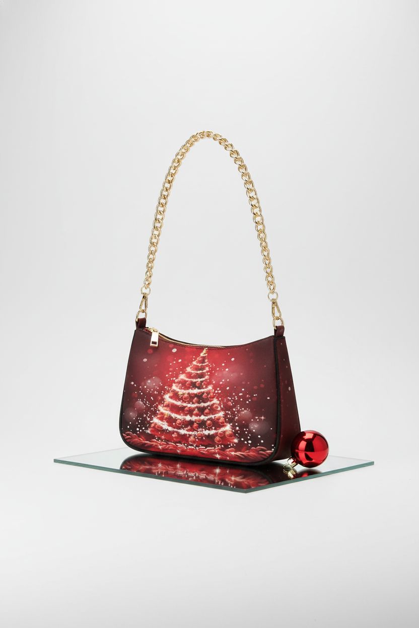 ALAZA red Christmas tree purse showcased on a studio backdrop, highlighting its festive charm.