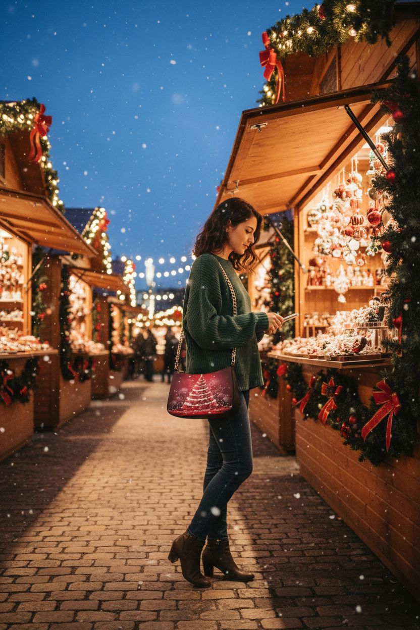 ALAZA red Christmas tree handbag at a cozy holiday market, perfect for festive outings.