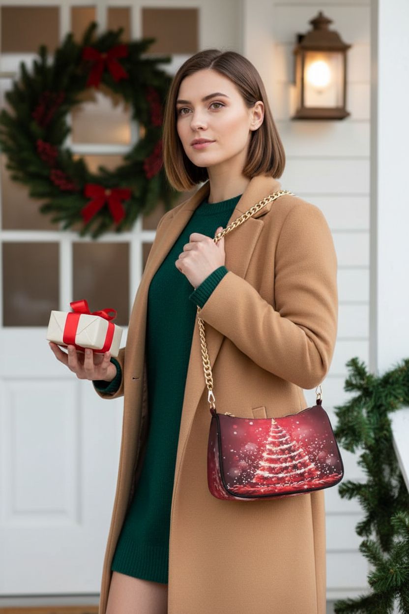 ALAZA red Christmas tree purse on a porch with a gift, ideal for holiday gatherings.