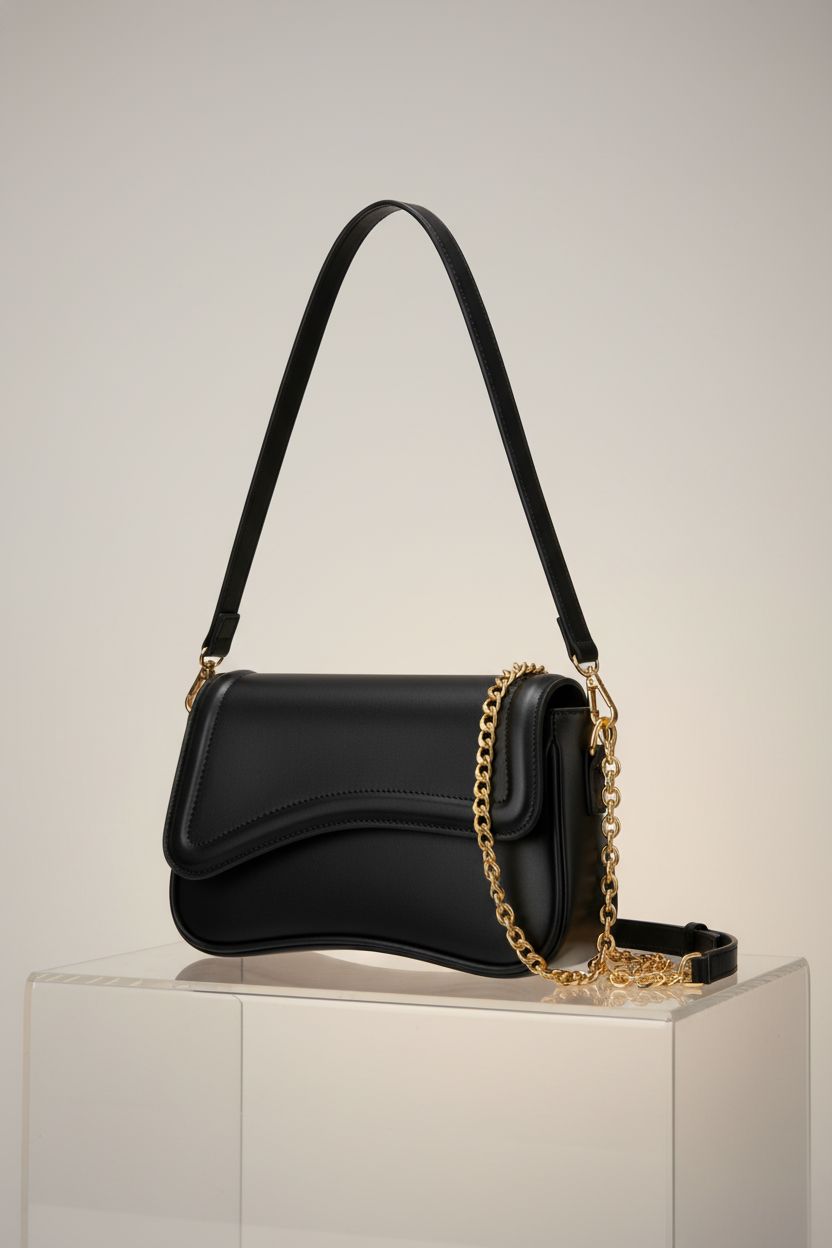 KKXIU black clutch purse showcased on a minimalist backdrop, highlighting its sleek design.