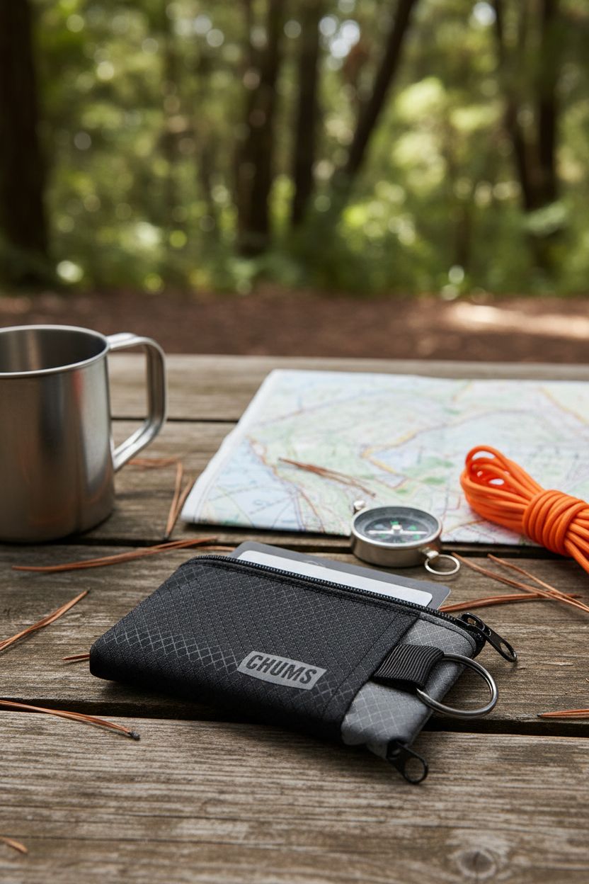 Chums Surfshorts Wallet resting on a picnic table, surrounded by nature and hiking gear, highlighting its water-resistant features.