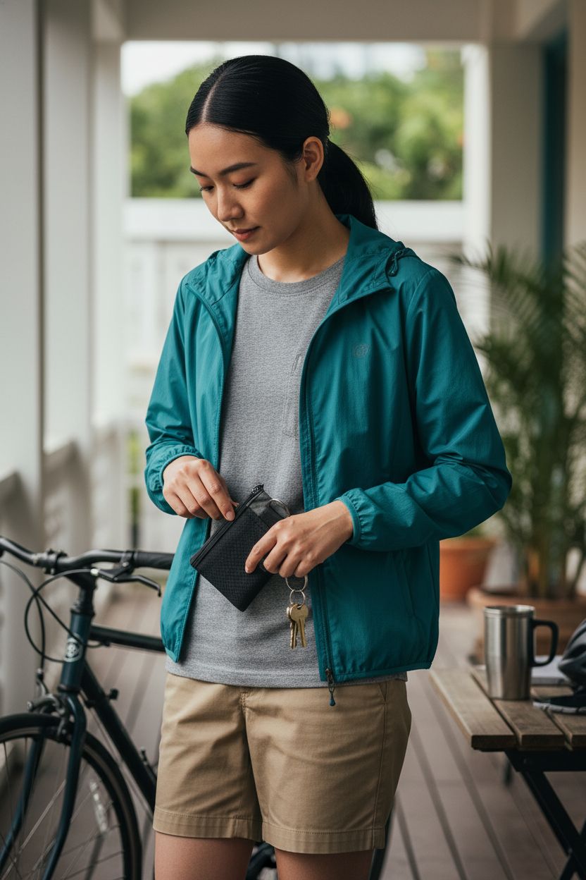 Chums Surfshorts Wallet in black/gray unzipped on a porch, showcasing RFID blocking and clear ID window.
