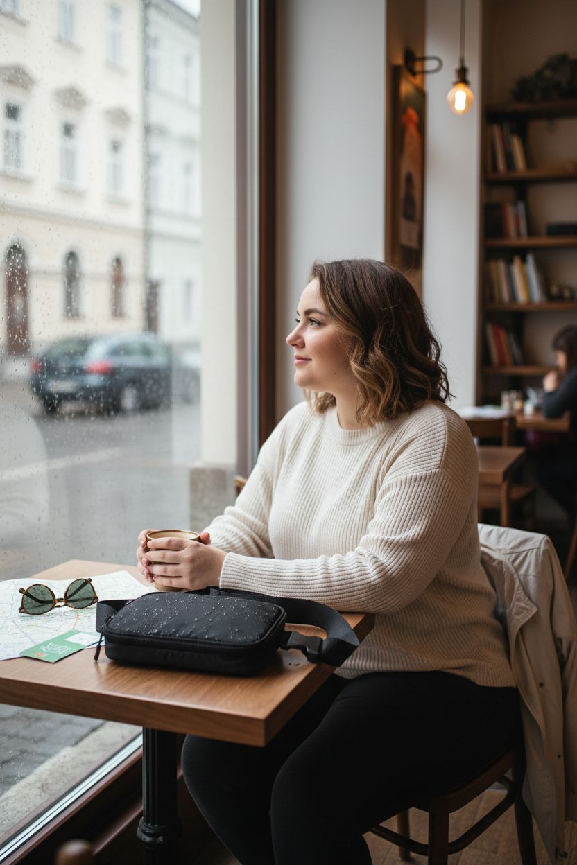 Cozy scene with WITROMAN black crossbody bag on a café table beside travel essentials