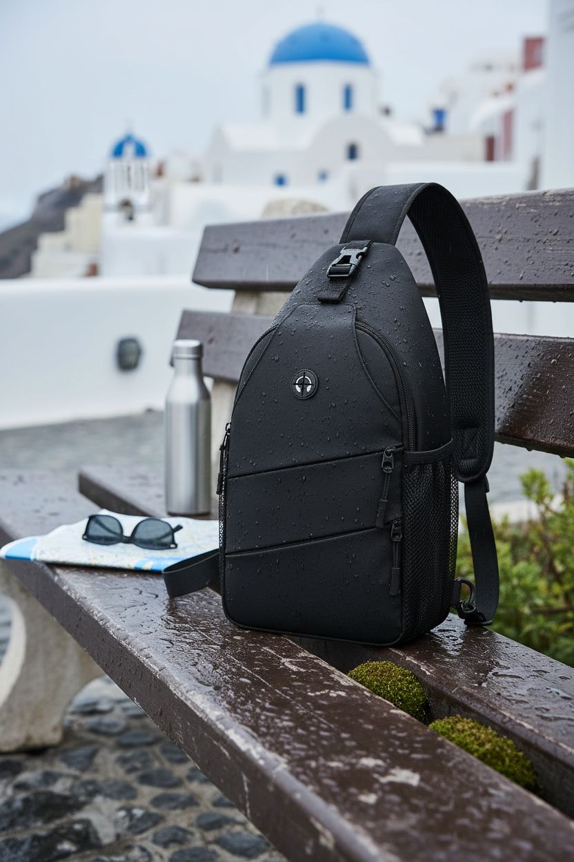 Pritent black crossbody bag resting on a rain-kissed park bench with accessories, showcasing its water-resistant fabric.
