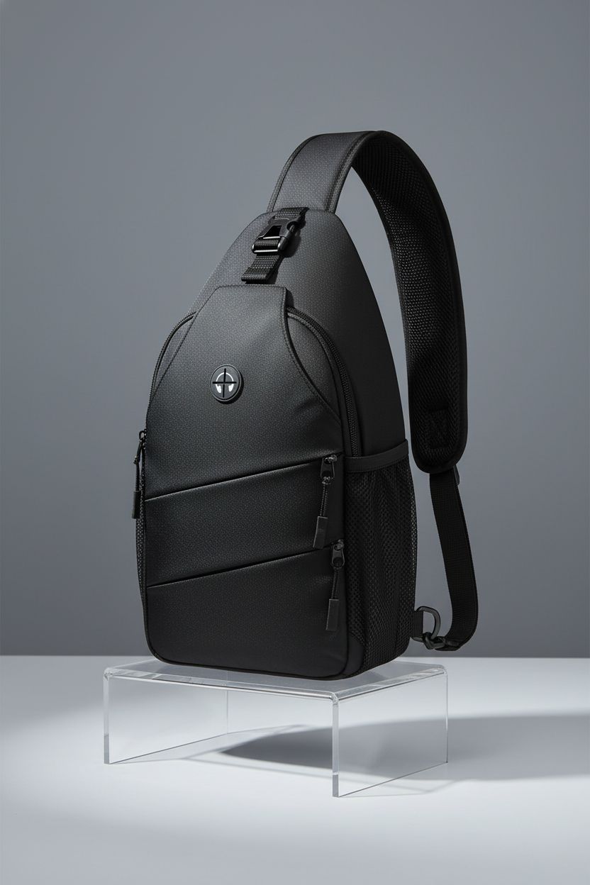 Pritent black crossbody bag displayed in a studio setting, emphasizing its stylish design and functional features.