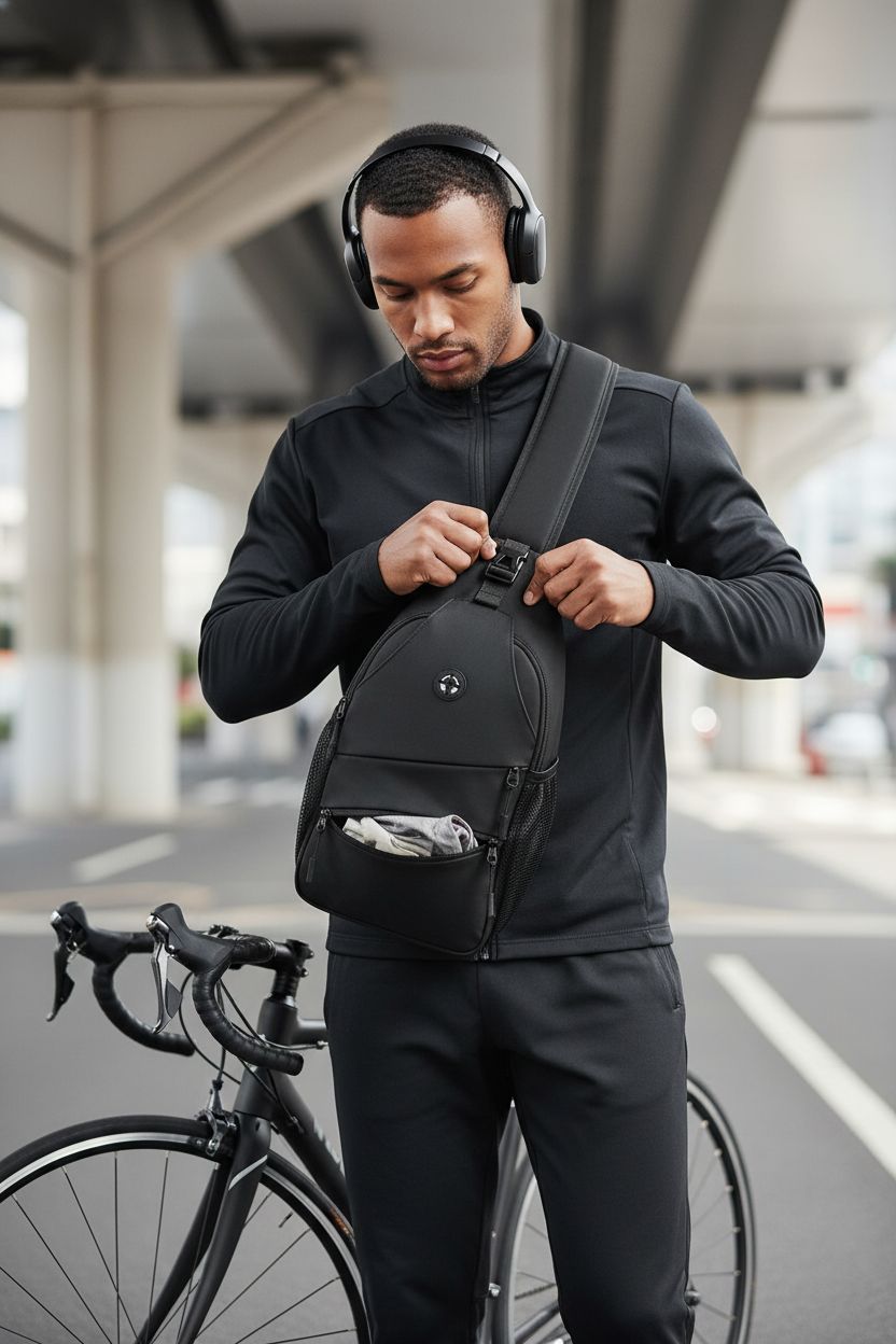 Pritent black crossbody bag with adjustable strap under an architectural overpass, highlighting quick-access pocket.