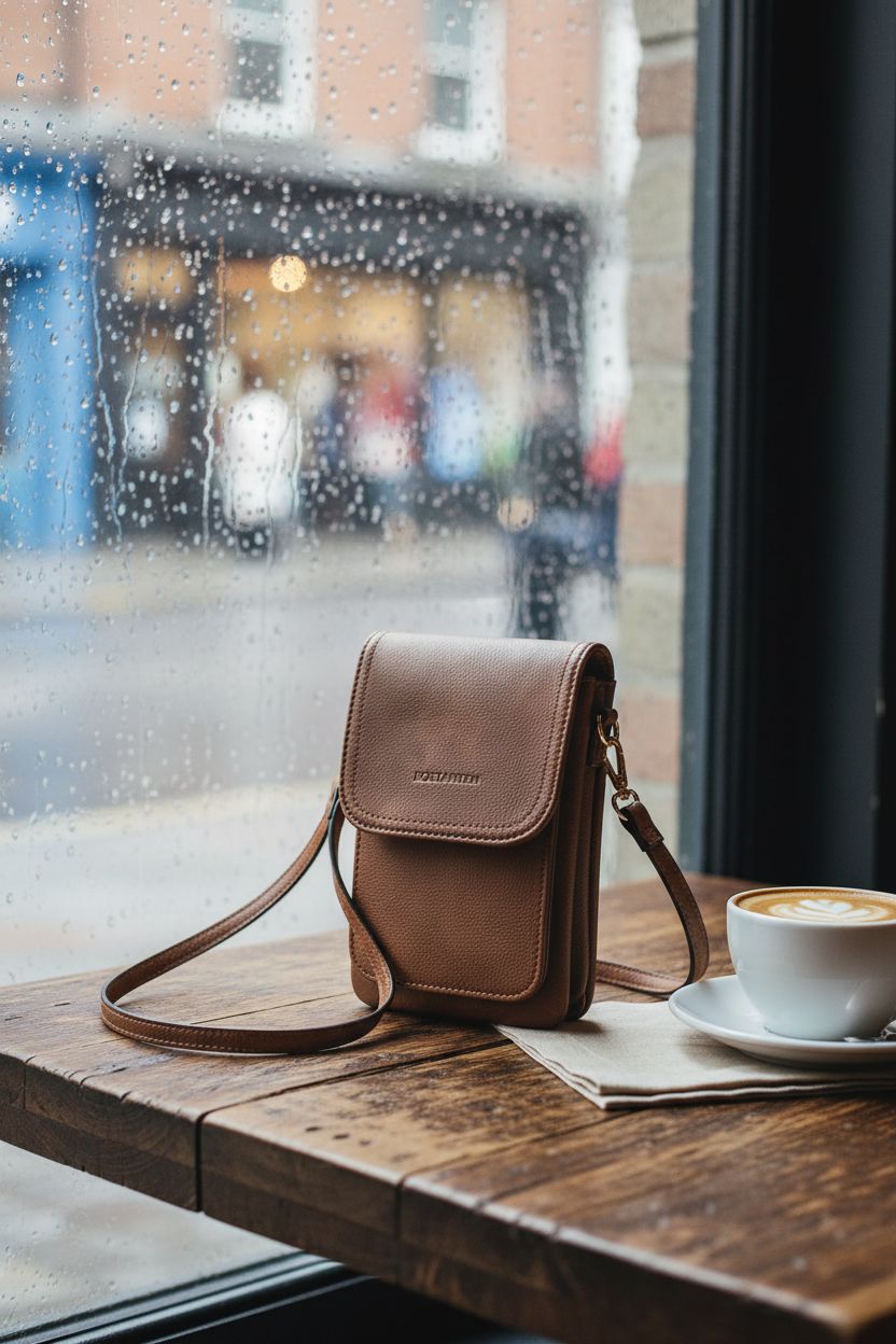 BOSTANTEN vegan leather crossbody purse resting on a café table, showcasing its elegant design.