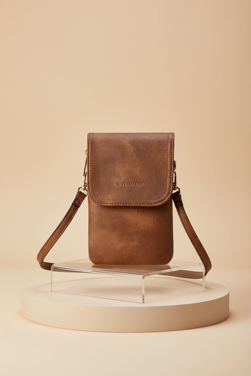 BOSTANTEN small crossbody purse displayed elegantly, highlighting its vegan leather and gold-tone hardware.